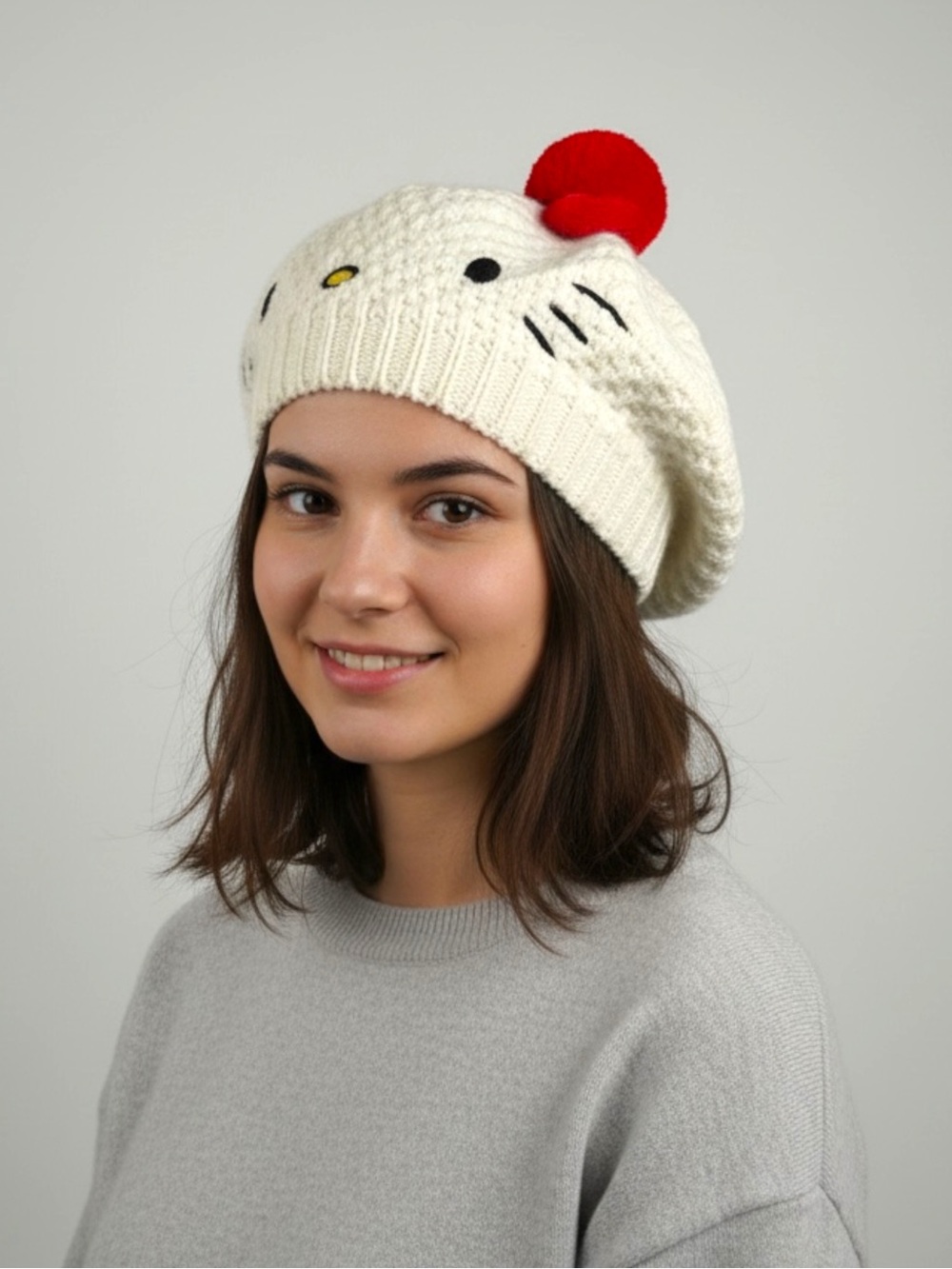 Hello Kitty Sanrio Cream Knit Beret with Red Bow